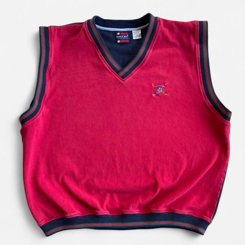 Vintage Bugle Boy Red & Navy Blue Cotton Embroidered Logo V-Neck Golf Vest XL